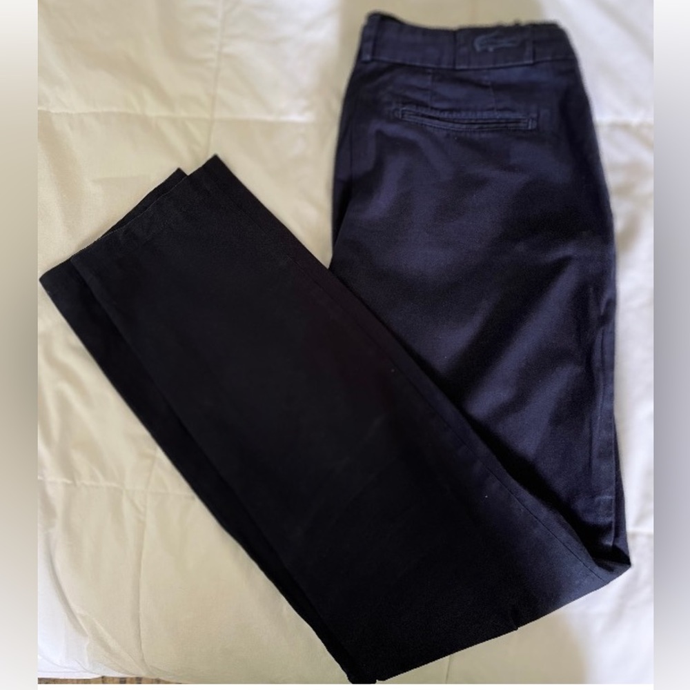 Navy blue, straight leg Lacoste pants. Mid weight cotton.